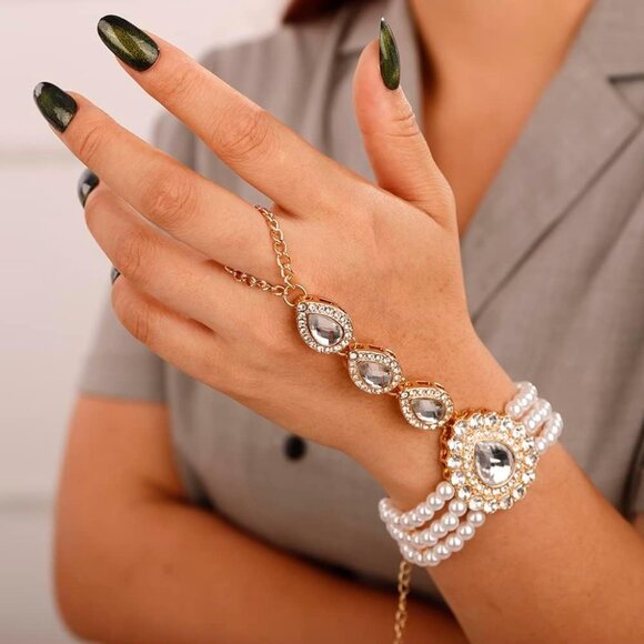 Vintage 1920S Flapper Pearl Bracelet Rhinestone Finger Ring Link Bracelet Stretc - Picture 2 of 7